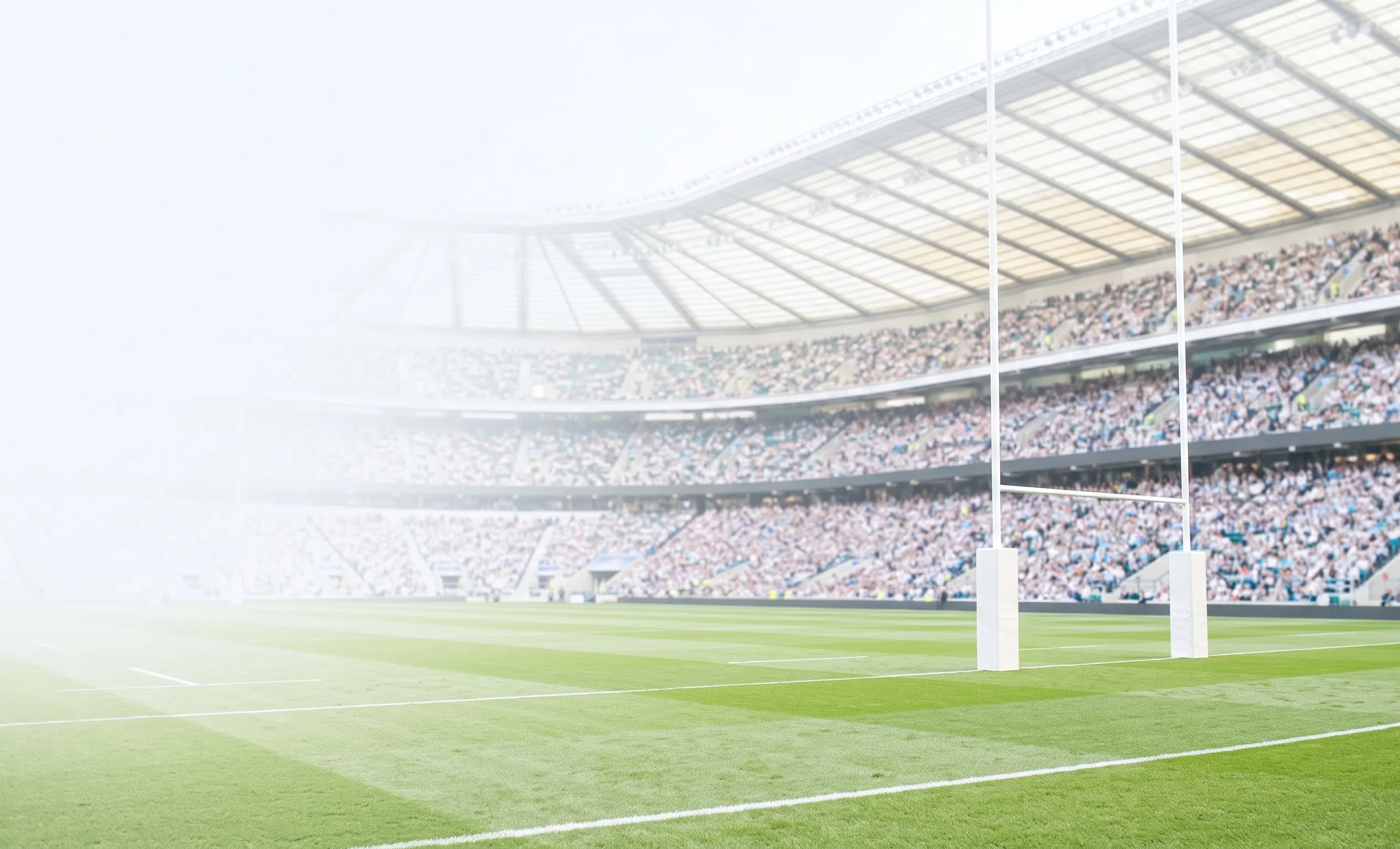 A rugby pitch in bright daylight, the white posts and a full stand of fans under a translucent roof