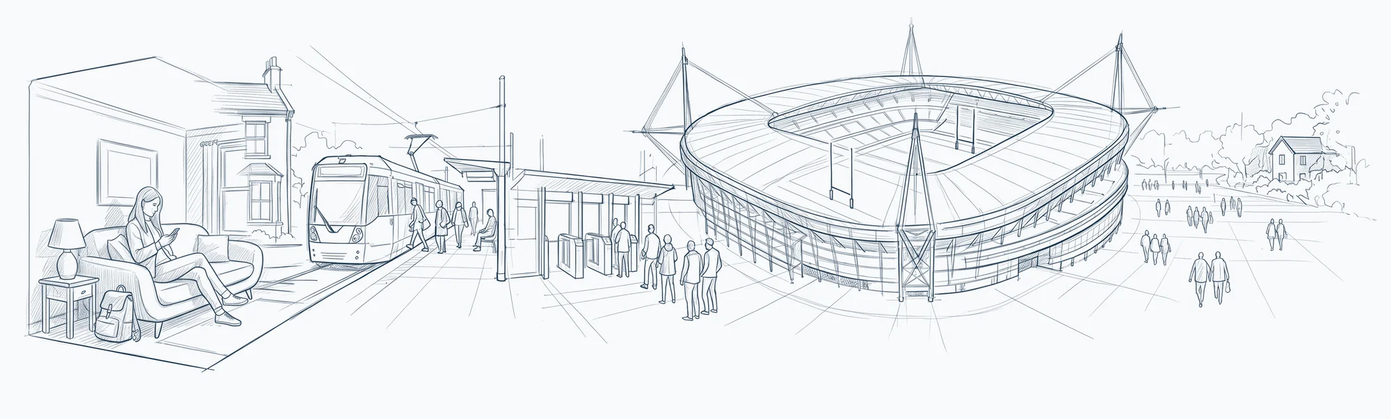 A sketch of a fan's matchday: a woman on her sofa checks her phone, then the tram, the gates, the stadium, the way out and home again