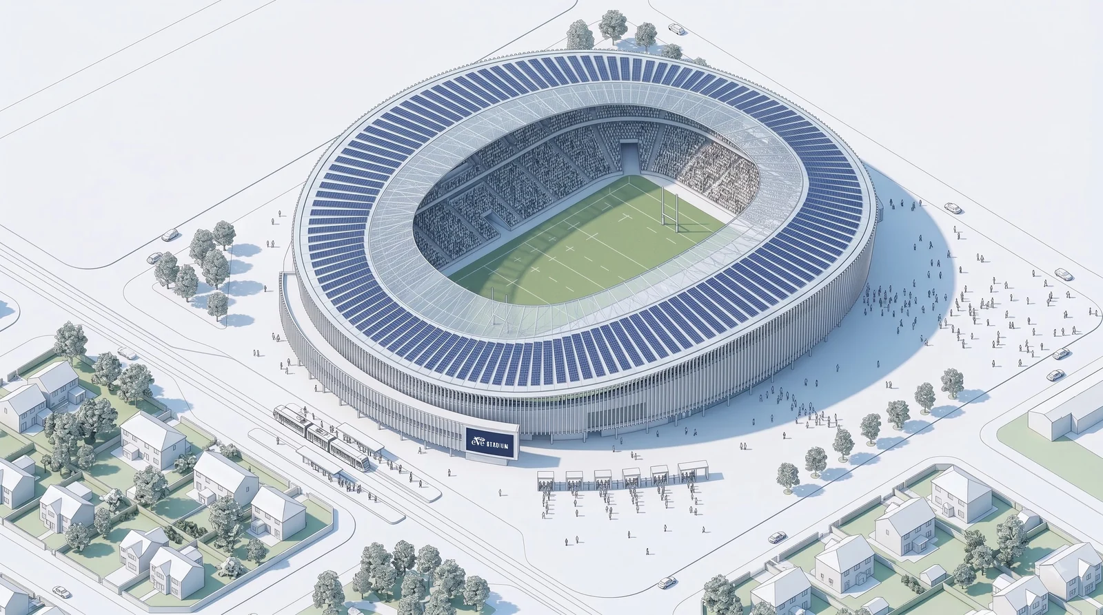 An architectural view of a stadium and its neighbourhood: houses, a tram stop, the entrance forecourt, the bowl with its rugby pitch and the exit plaza
