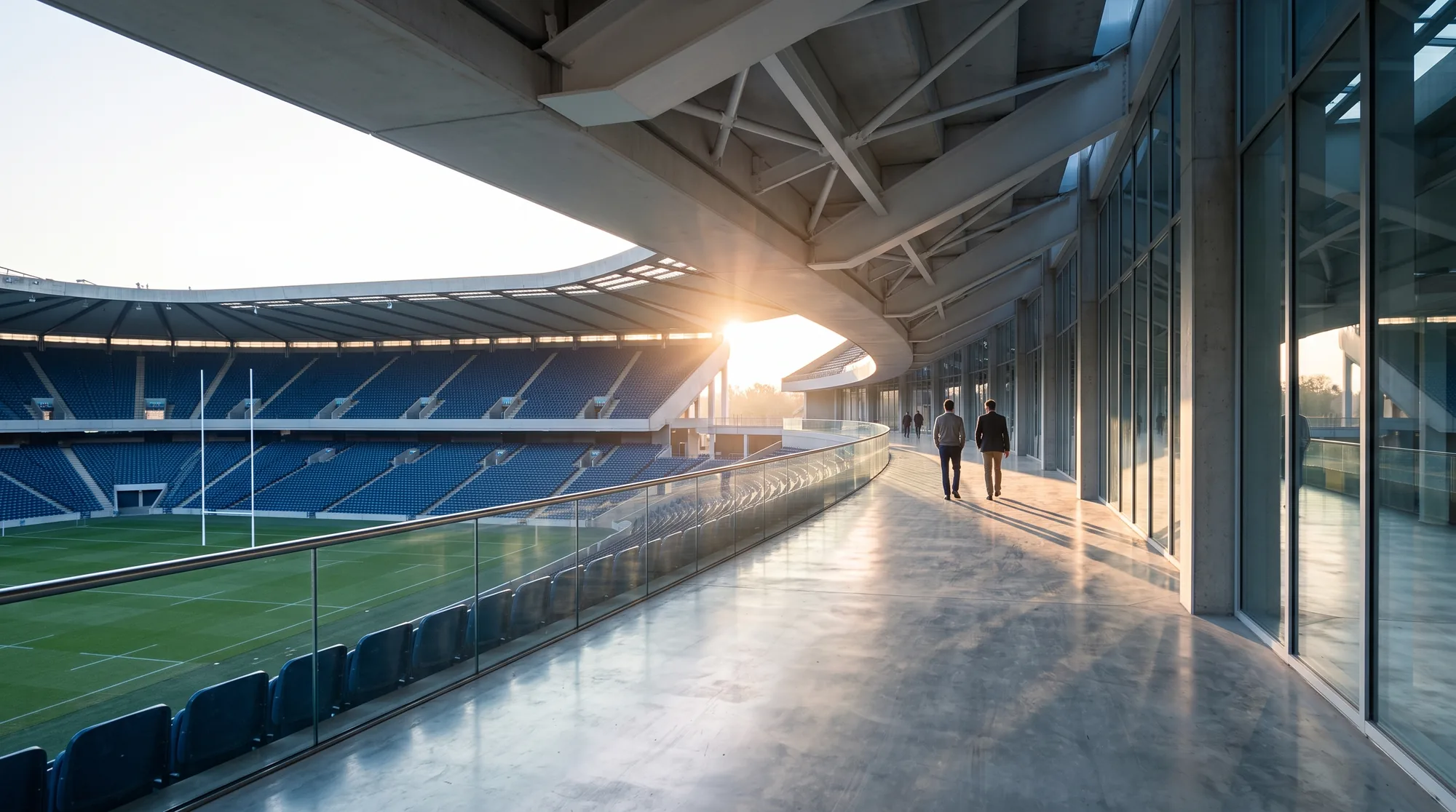 The upper concourse of a stadium in the late afternoon sun, above the stands and the rugby pitch